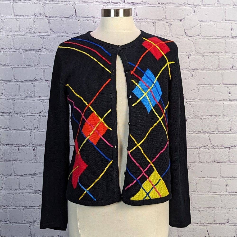 Marisa Christina Classics Black Cardigan Bright Argyle Pattern Long Sleeves